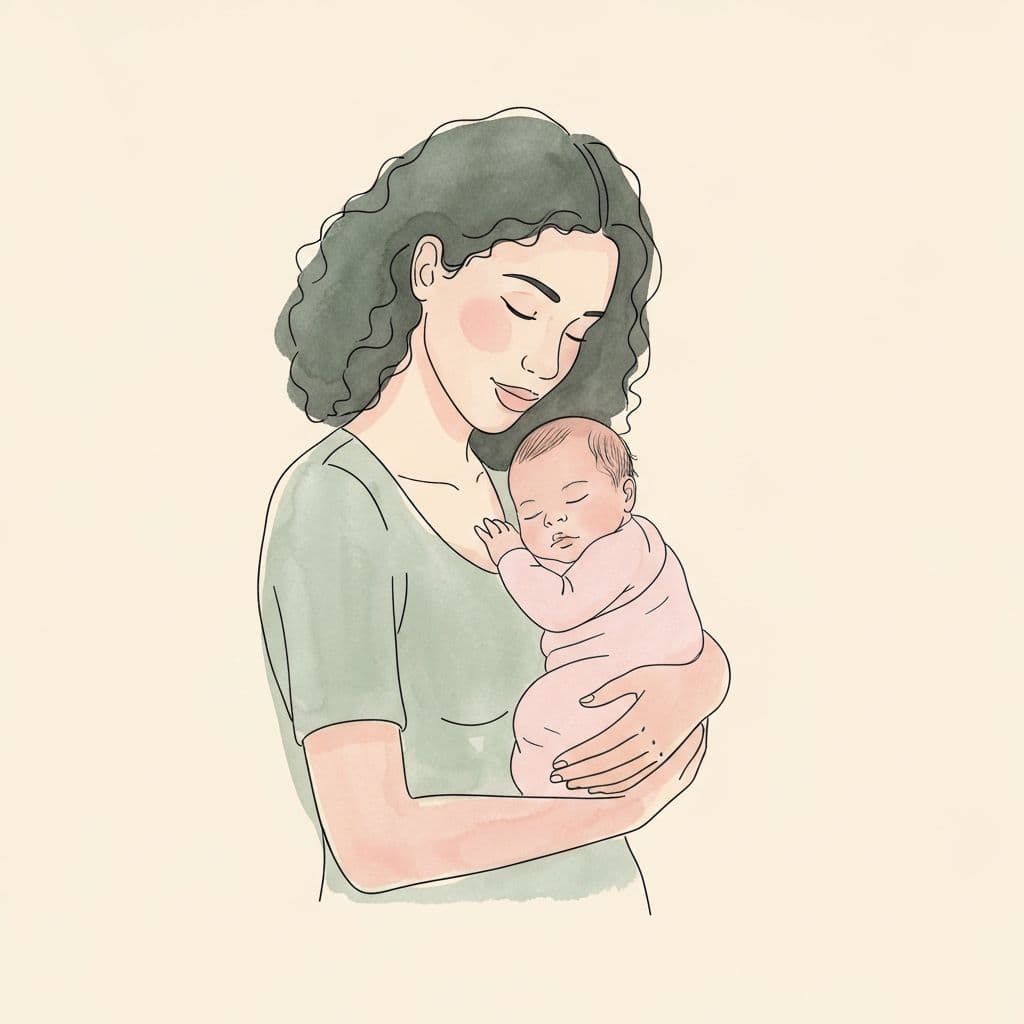 Peaceful illustration of a mother holding her baby