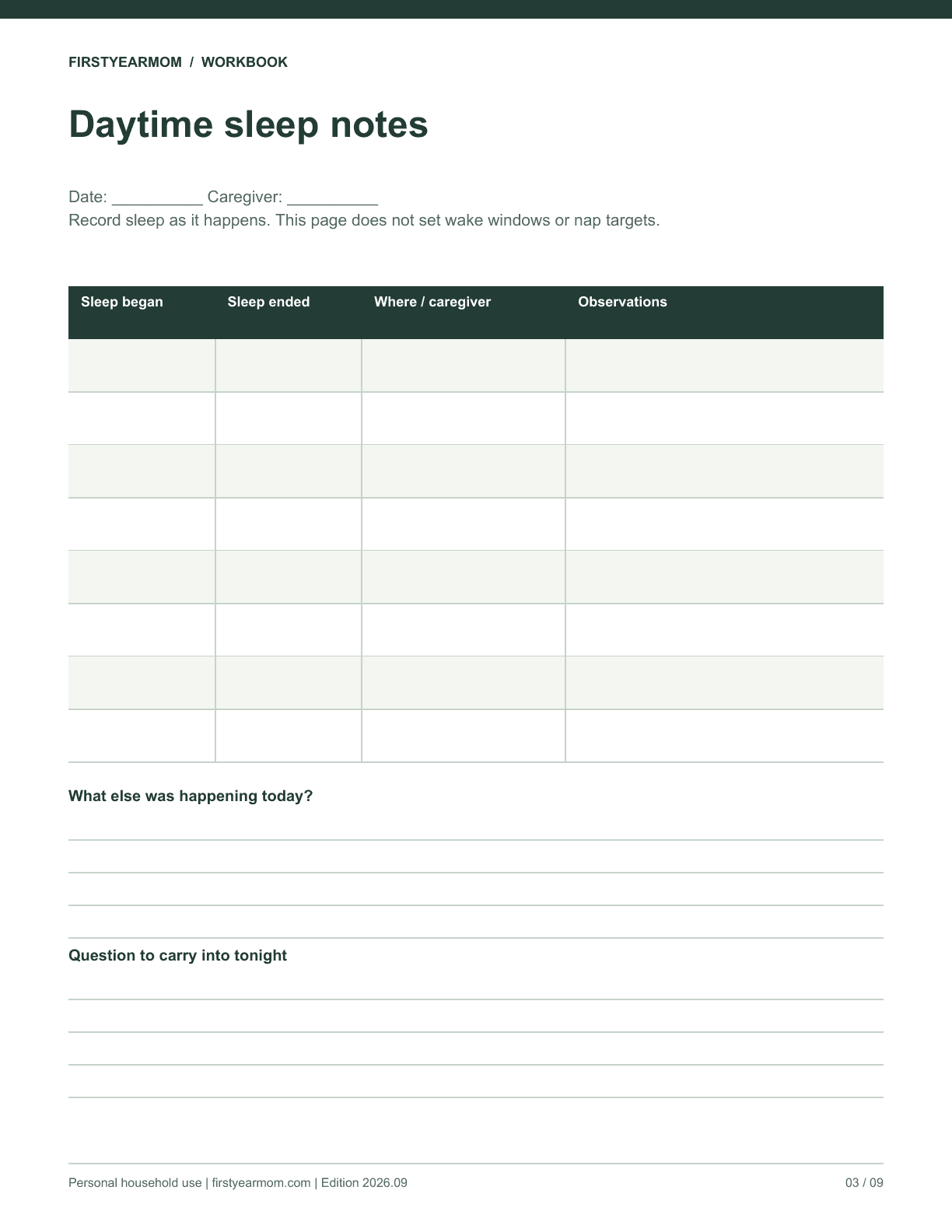 Blank daytime sleep notes worksheet from Sleep Notes Planner