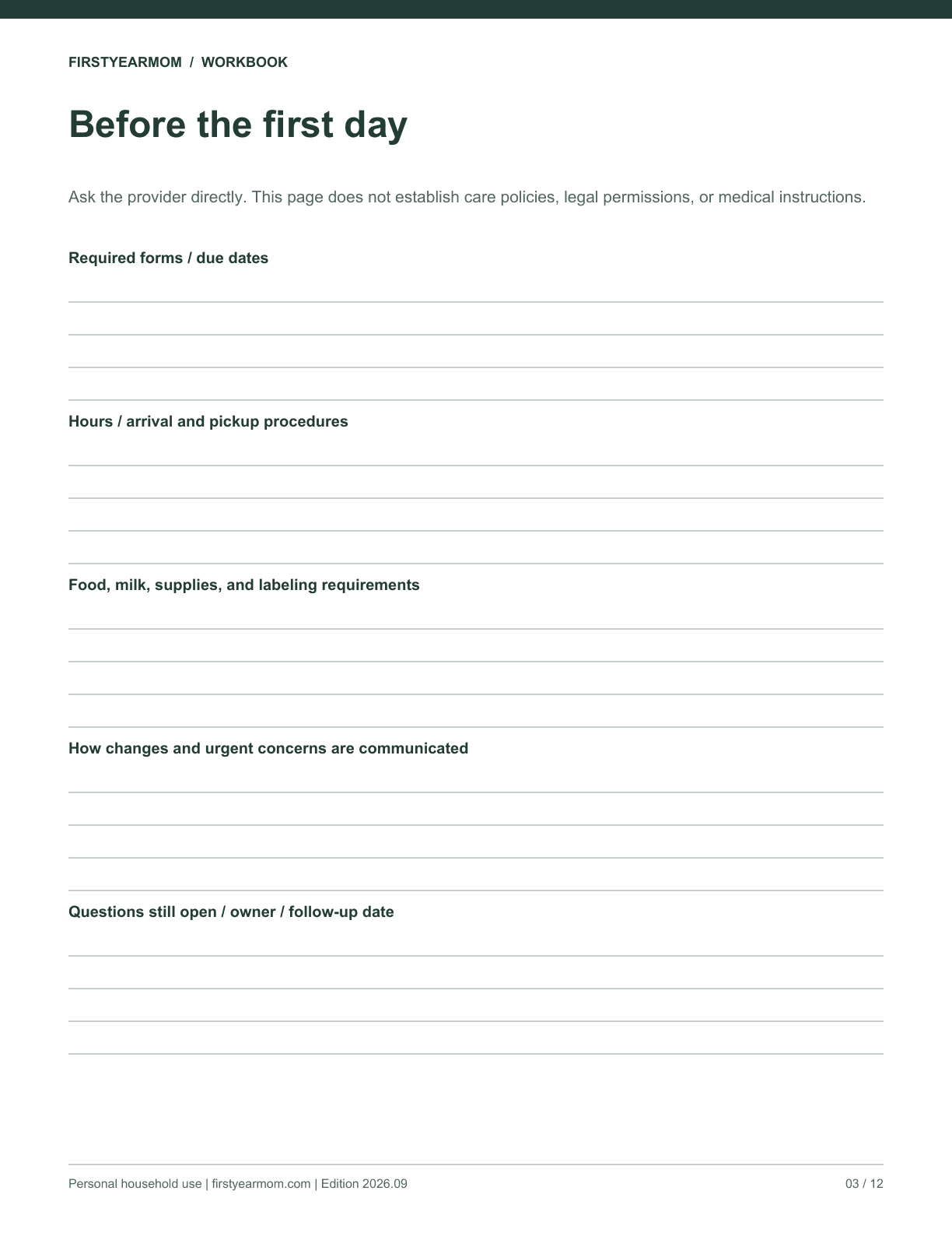 Blank before the first day worksheet from Daycare Handoff Kit