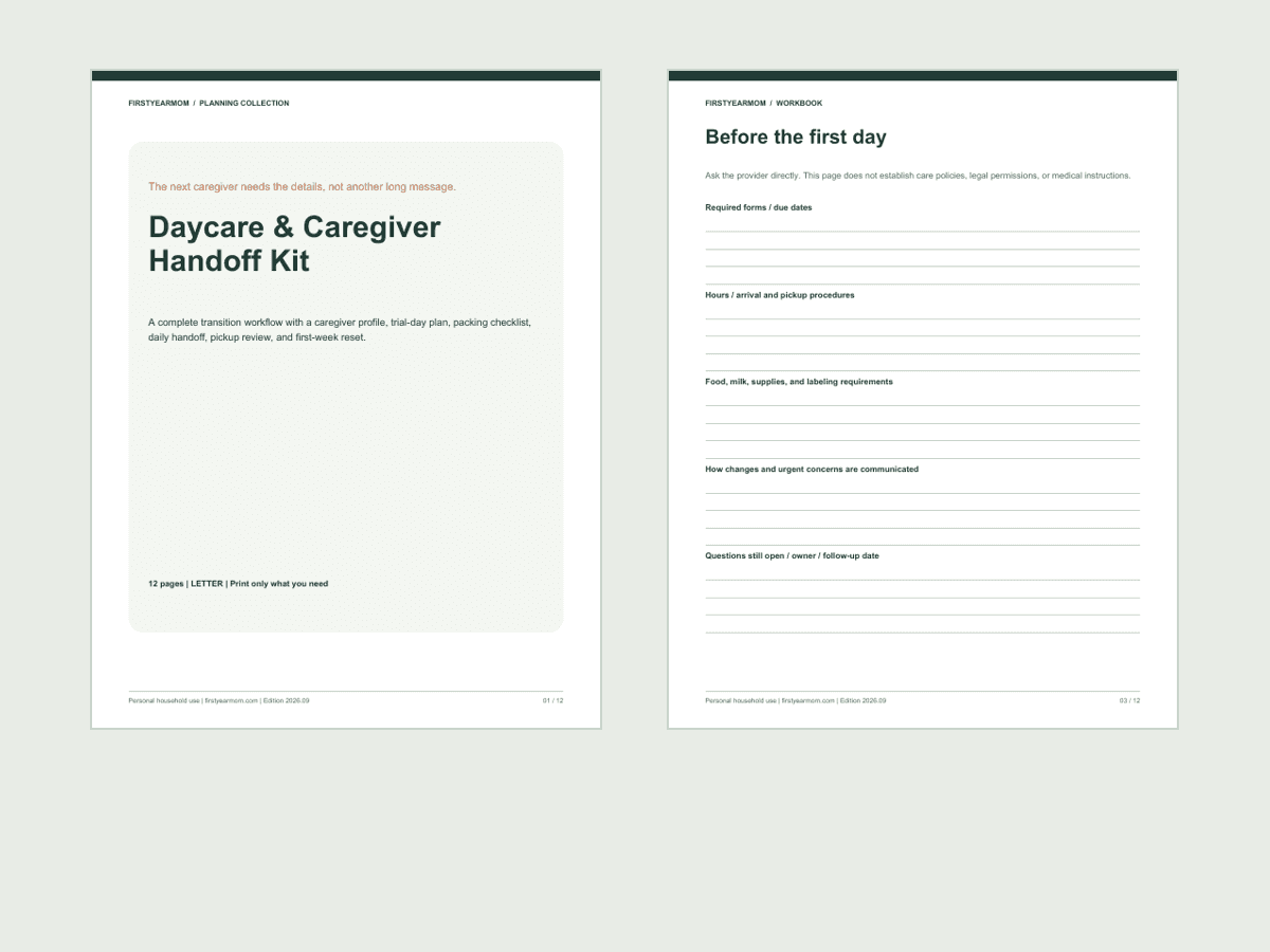 Daycare & Caregiver Handoff Kit printable guide preview