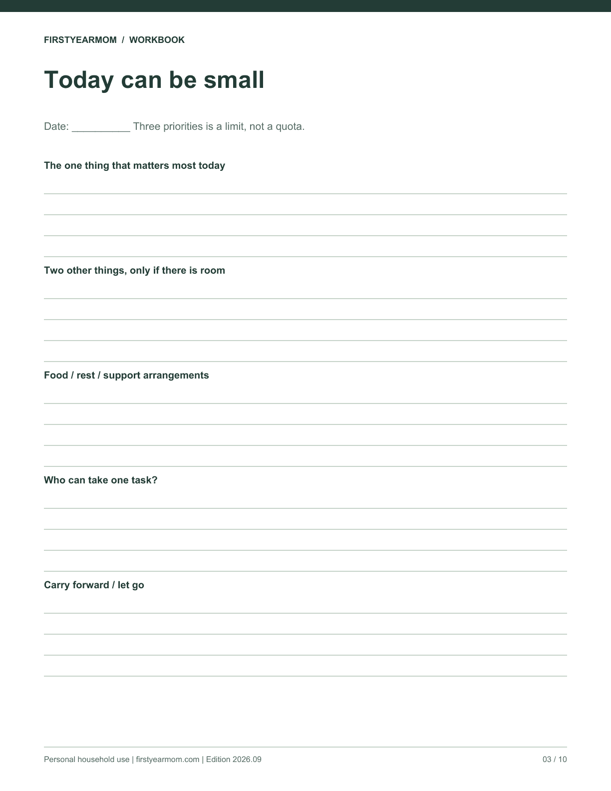 Blank today can be small worksheet from Postpartum Support Planner