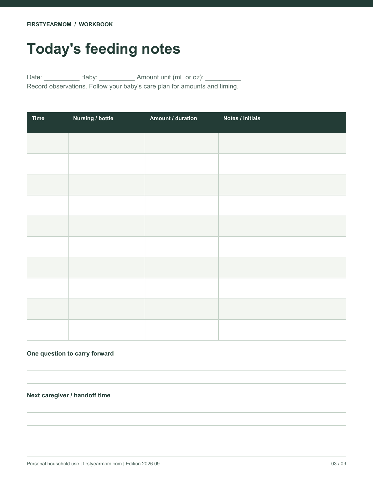 Blank today's feeding notes worksheet from Feeding Notes Kit