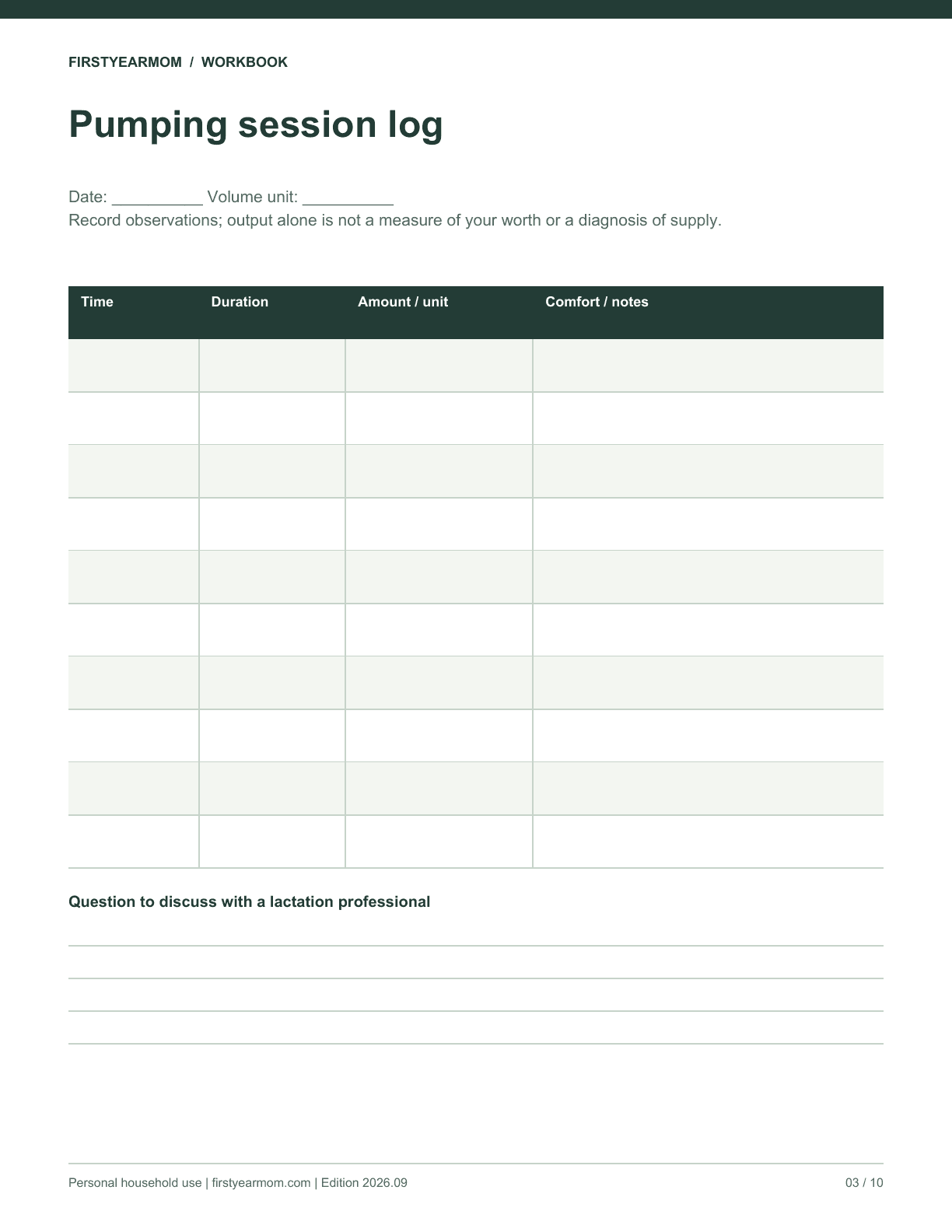 Blank pumping session log worksheet from Pumping Workday Kit